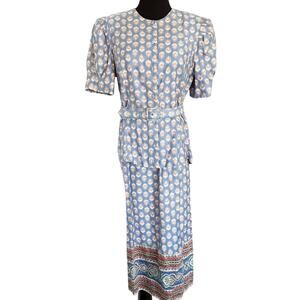 Vintage 80s Cotton Circle Skirt & Blouse Suit Set Paisley Border Print Cottage